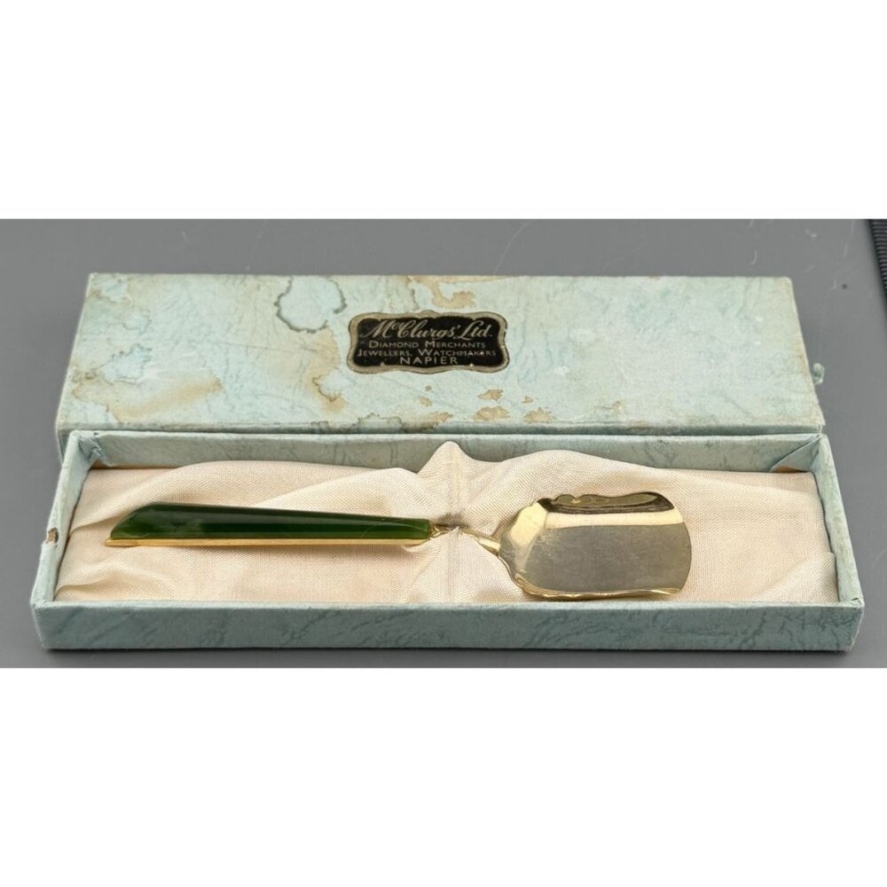 Vintage Napier Jam Spoon Jadeite Handle Gilt Metal McClurg’s Jeweler Box